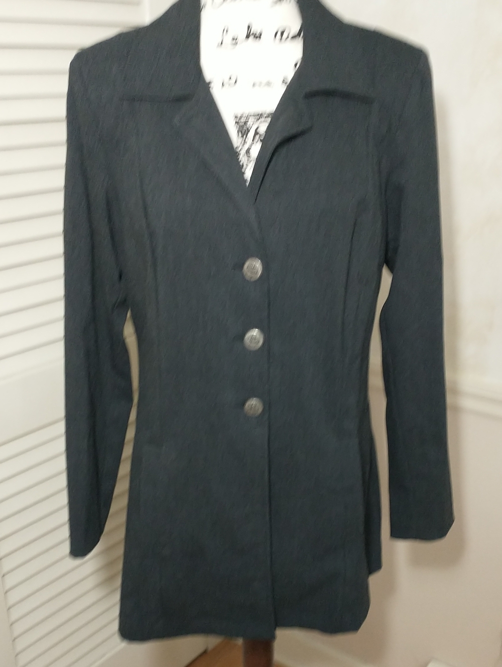 Cabi Suit Set, Long Line Blazer And Skirt, Charcoal Gray, Silver Button, Size 12